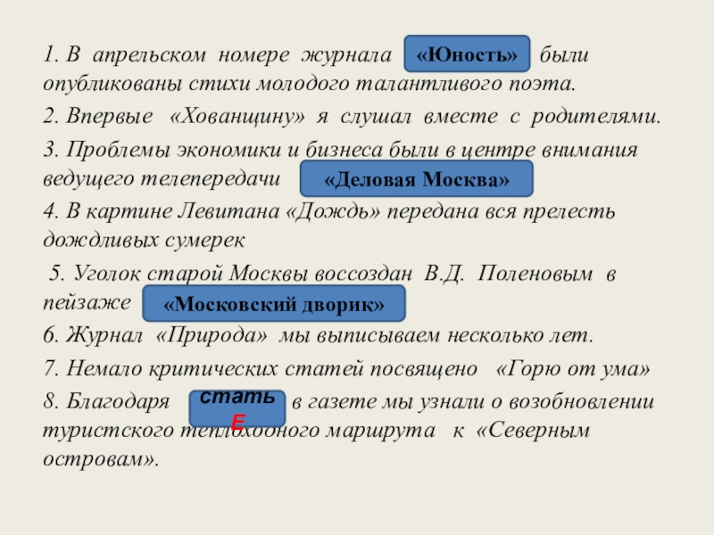 1. В апрельском номере журнала «Юности» были опубликованы стихи молодого талантливого поэта.2. Впер­вые «Хо­ван­щи­ну» я