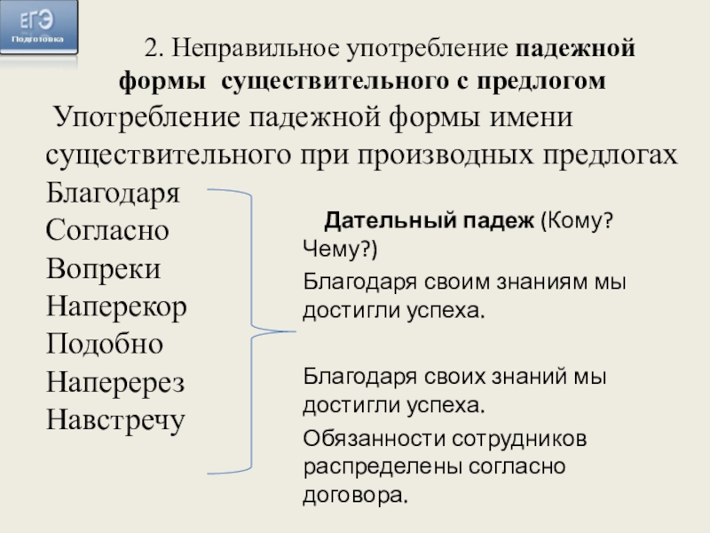 2. Неправильное употребление падежной формы существительного с предлогом Употребление падежной формы именисуществительного при