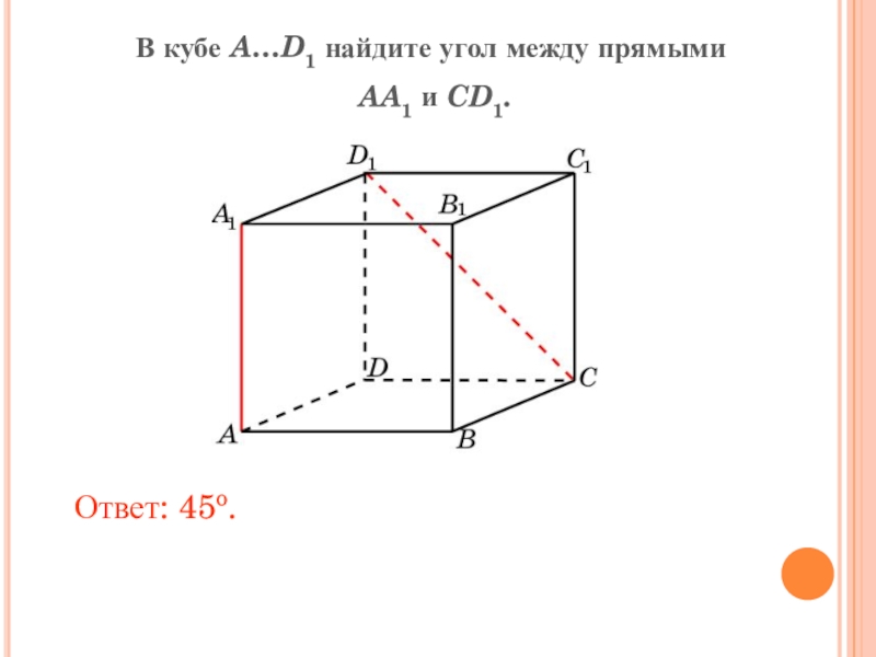 В кубе A…D1 найдите угол между прямыми AA1 и CD1.Ответ: 45o.