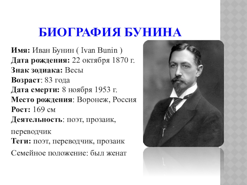 Бунин биография кратко 4 класс презентация