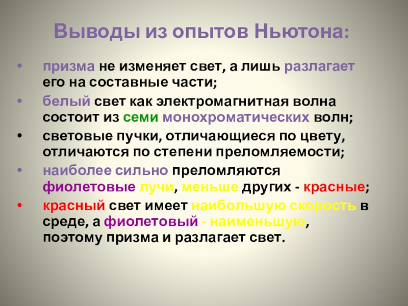 Вывод света. Выводы из опыта Ньютона по дисперсии света. Выводы из опытов Ньютона дисперсия света. Призма не изменяет свет а лишь. Электромагнитные волны вывод.