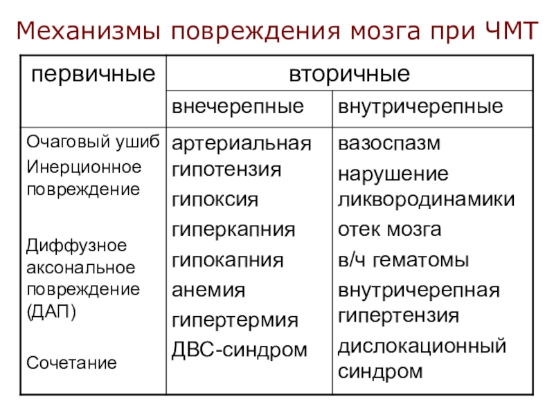 Презентация Механизмы повреждения мозга при ЧМТ