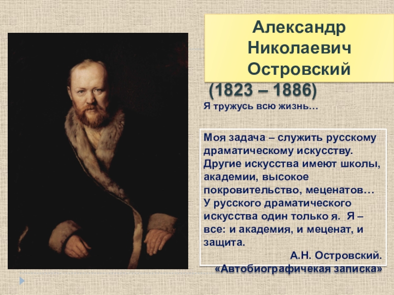 Александр Николаевич Островский
(1823 – 1886)
Моя задача – служить русскому
