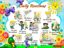 Daily Routines
He wakes up
He has a shower
He gets dressed
He brushes his