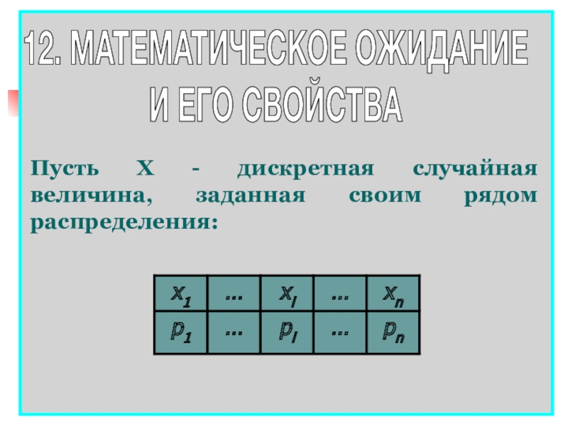 12. МАТЕМАТИЧЕСКОЕ ОЖИДАНИЕ
И ЕГО СВОЙСТВА
Пусть Х - дискретная случайная