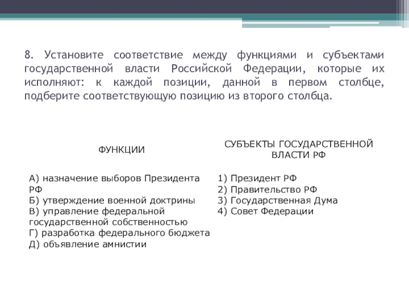 Установите соответствие полномочия субъекты гос власти. Субъекты государственной власти и их функции ЕГЭ.