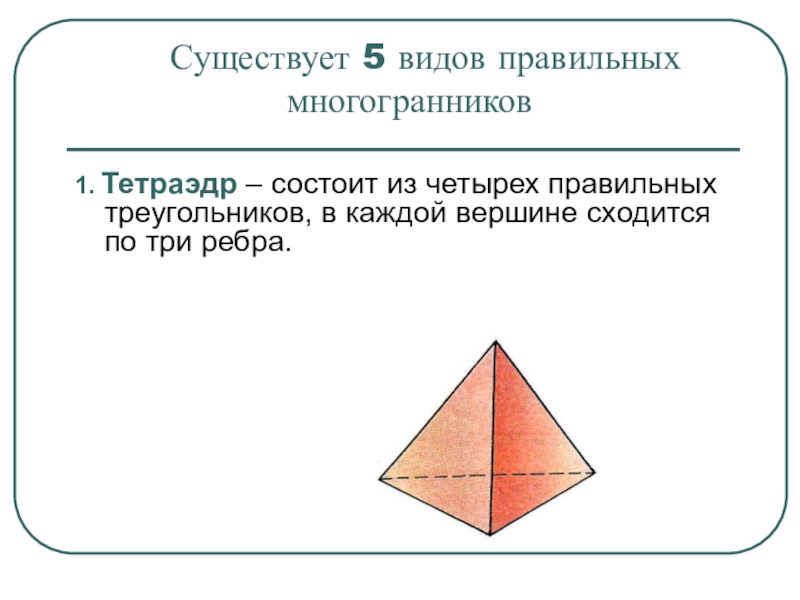 Существует 5 видов правильных  многогранников1. Тетраэдр – состоит из четырех правильных треугольников, в каждой