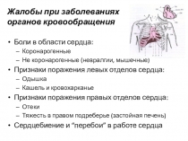 Жалобы при заболеваниях органов кровообращения