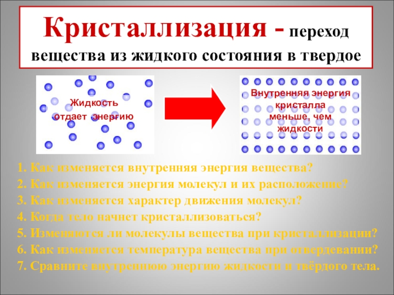 Внутренняя энергия молекул. Внутренняя энергия вещества. Как изменяется внутренняя энергия. При кристаллизации внутренняя энергия тела. Изменение внутренней энергии вещества.