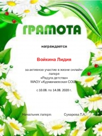 награждается
Войкина Лидия
з а активное участие в жизни онлайн-лагеря
Радуга