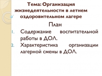 Тема: Организация жизнедеятельности в летнем оздоровительном лагере