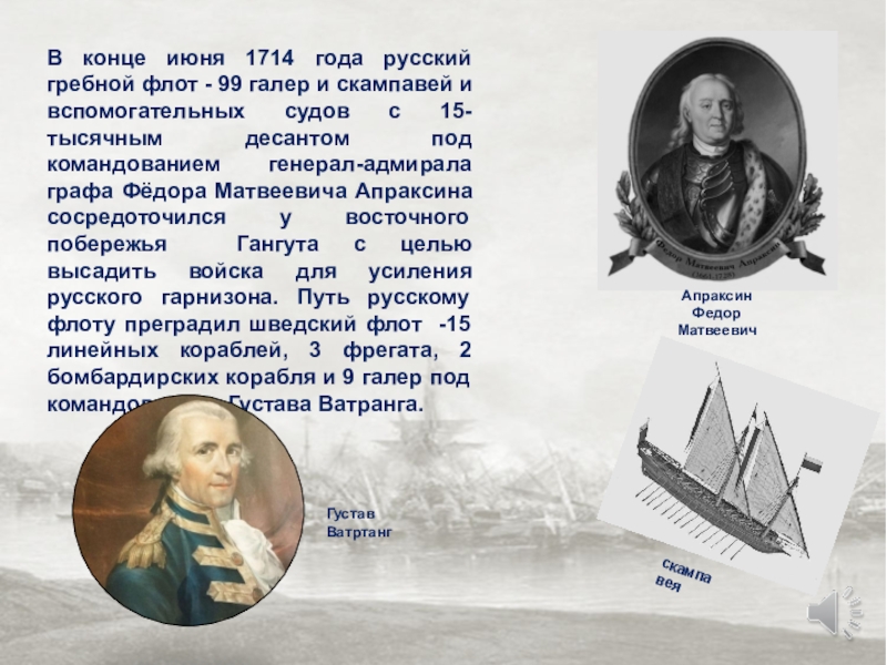В конце июня 1714 года русский гребной флот - 99 галер и скампавей и вспомогательных судов с