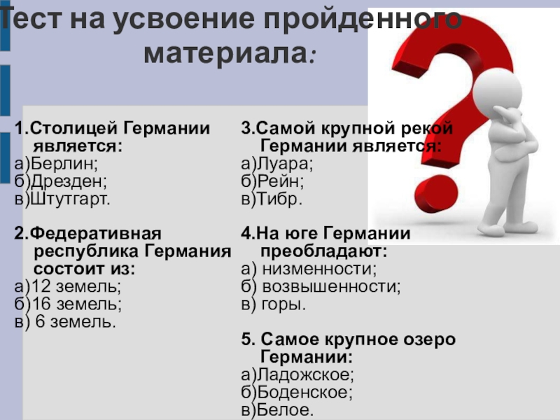 Германий является. Германия тест. ФРГ состоит из шестнадцати фактов. Недостатки Германия материал.