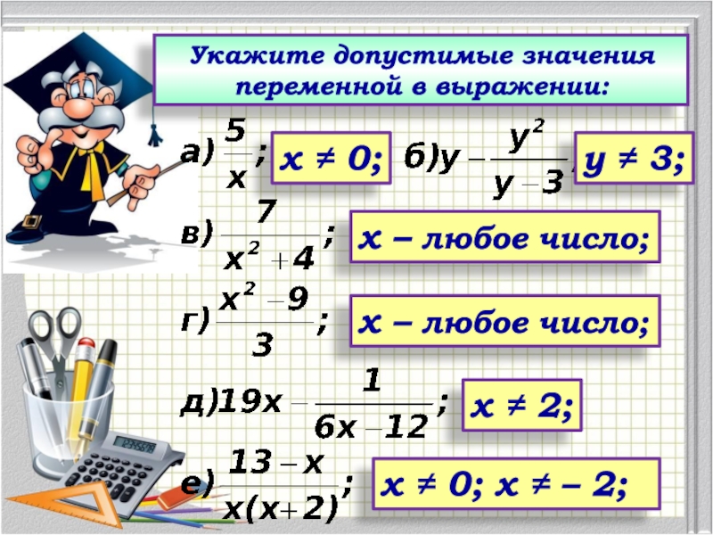 Переменные допустимые значения переменных 7 класс алгебра. Допустимые значения переменной. Укажите допустимые значения переменной. Найти допустимые значения переменной в выражении. Укажите допустимые значения переменных в выражениях:.