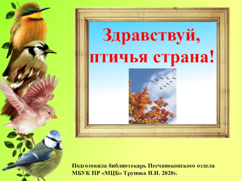 Презентация Здравствуй,
птичья страна!
Подготовила библиотекарь Песчанокопского отдела
МБУК