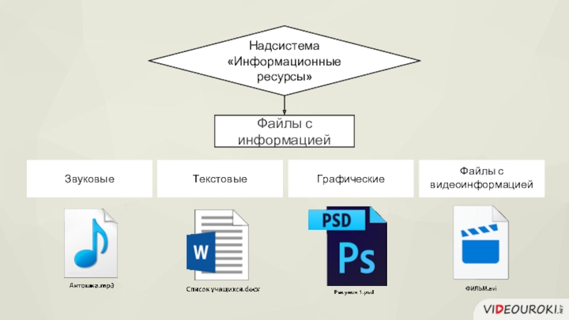 Текстовые и графические. Надсистема звуковых файлов. Информационные ресурсы надсистема. Звуковые файлы надсистема информационных ресурсов. Файлы с видеоинформацией.