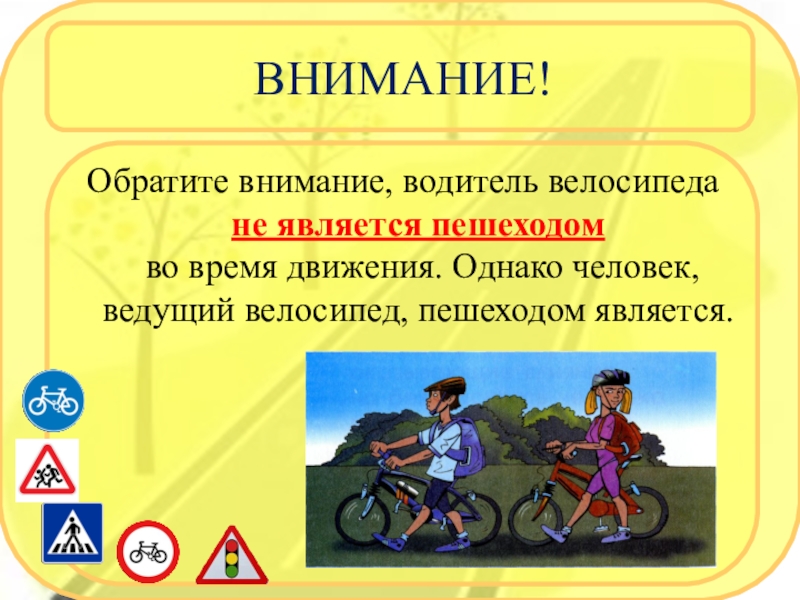 Внимание водитель. Водители велосипедов. Внимание!. Пешеходами являются. Пешеходом не является.