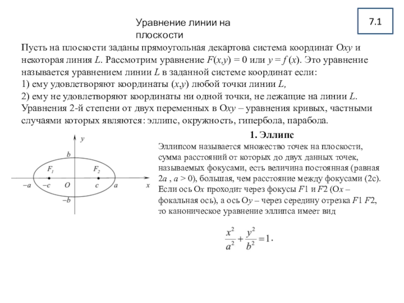 7.1
Уравнение линии на плоскости
Пусть на плоскости заданы прямоугольная