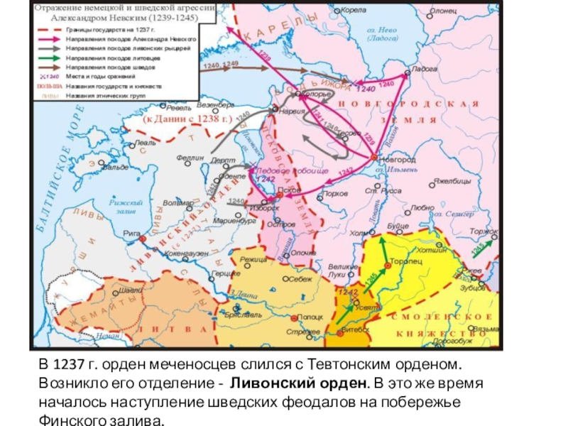 В 1237 г. орден меченосцев слился с Тевтонским орденом. Возникло его отделение -  Ливонский орден. В это