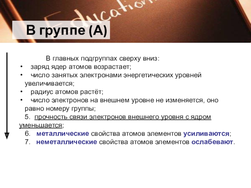 С увеличением заряда ядра атомов. В главных подгруппах сверху вниз. В группах главных подгруппах сверху вниз. Главная Подгруппа. В главных подгруппах сверху вниз число электронов на внешнем уровне.