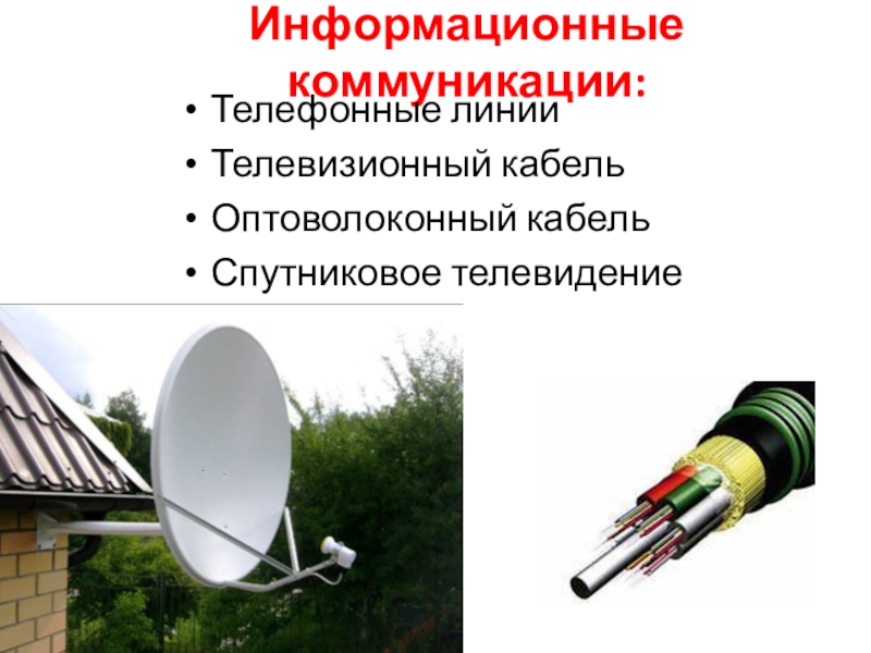 Информационные коммуникации:Телефонные линииТелевизионный кабельОптоволоконный кабельСпутниковое телевидение