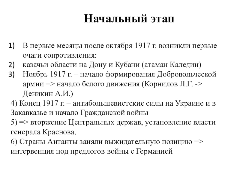 Начальный этап В первые месяцы после октября 1917 г. возникли первые очаги сопротивления:казачьи области на Дону и