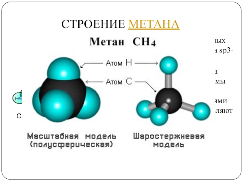 Алканы sp3. Молекула метана гибридизация. Sp3 гибридизация углерода. Строение молекулы метана sp3 гибридизация. Sp3 гибридизованному атому углерода.