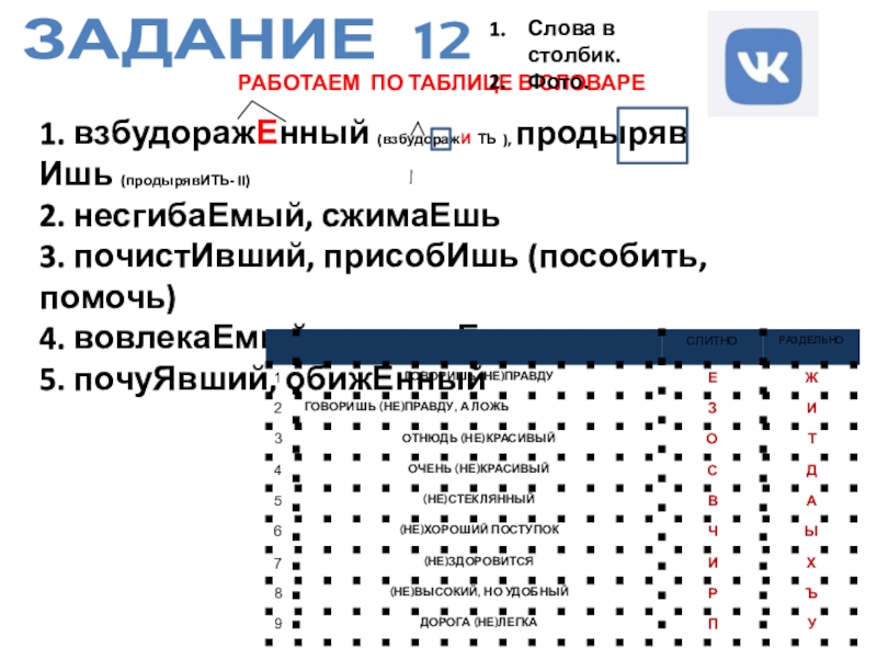 ЗАДАНИЕ 12 РАБОТАЕМ ПО ТАБЛИЦЕ В СЛОВАРЕ1. взбудоражЕнный (взбудоражИ ТЬ ), продыряв Ишь (продырявИТЬ- II) 2. несгибаЕмый, сжимаЕшь 