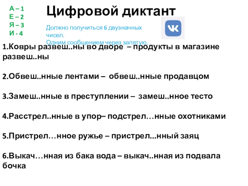 1.Ковры развеш..ны во дворе  – продукты в магазине развеш..ны  2.Обвеш..нные лентами –  обвеш..нные продавцом  3.Замеш..нные в