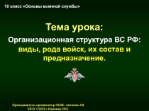 Тема урока: Организационная структура ВС РФ: виды, рода войск, их состав и