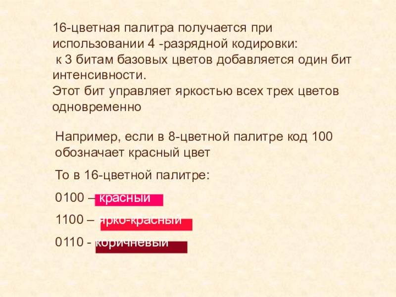 16 битная кодировка. Бит интенсивности управляет. Сколько цветов получится при 16 разрядном кодировании. Какой цвет получится при кодировке а 1 а 1 а 1.