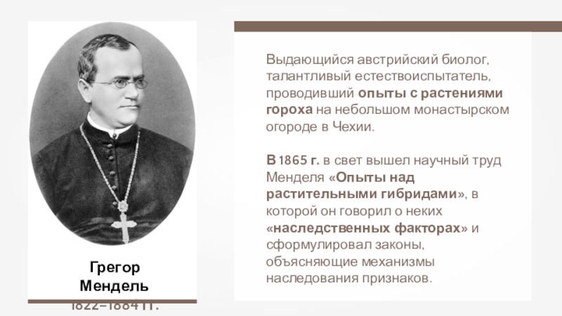 Грегор Мендель
1822–1884 гг.
Выдающийся австрийский биолог, талантливый