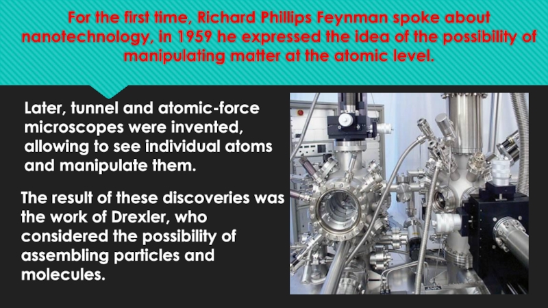 For the first time, Richard Phillips Feynman spoke about nanotechnology, in 1959 he expressed the idea of