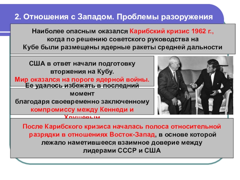 2. Отношения с Западом. Проблемы разоруженияНаиболее опасным оказался Карибский кризис 1962 г., когда по решению советского руководства