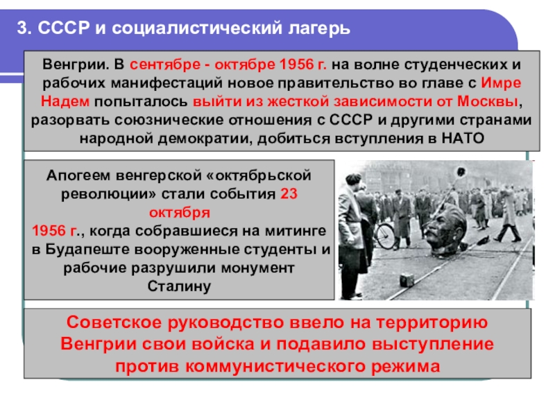 3. СССР и социалистический лагерьВенгрии. В сентябре - октябре 1956 г. на волне студенческих и рабочих манифестаций