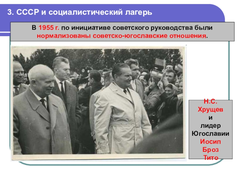 3. СССР и социалистический лагерьВ 1955 г. по инициативе советского руководства были нормализованы советско-югославские отношения. Н.С. ХрущевилидерЮгославииИосип