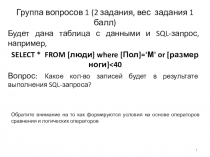 Группа вопросов 1 (2 задания, вес задания 1 балл)
1
Будет дана таблица с