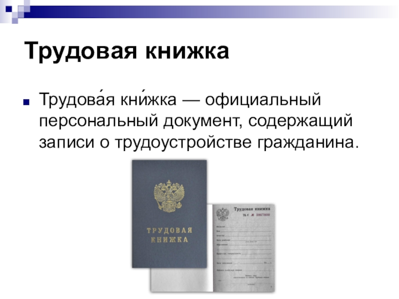 Занятость граждан трудовое право. Трудовая книжка презентация. Трудоустройство Трудовая книжка. Персональные документы. Трудовая книжка презентация по трудовому праву.