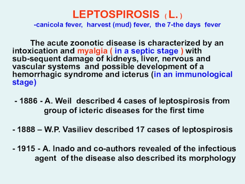 LEPTOSPIROSIS ( L. )
-canicola fever, harvest (mud) fever, the 7- the day s