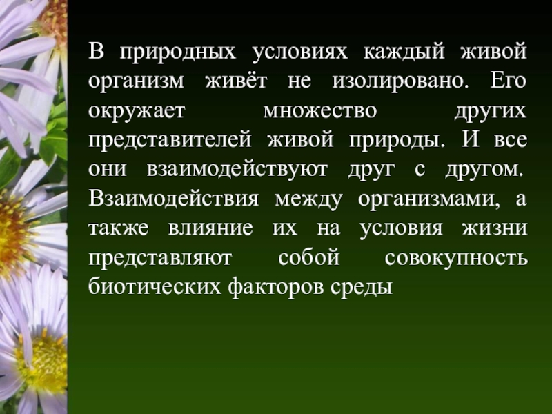 В природных условиях каждый живой организм живёт не изолировано. Его окружает