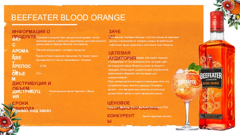 BEEFEATER BLOOD ORANGE
ЦВЕТ
АРОМАТ
ВКУС
Яркий оттенок красного апельсина. Не