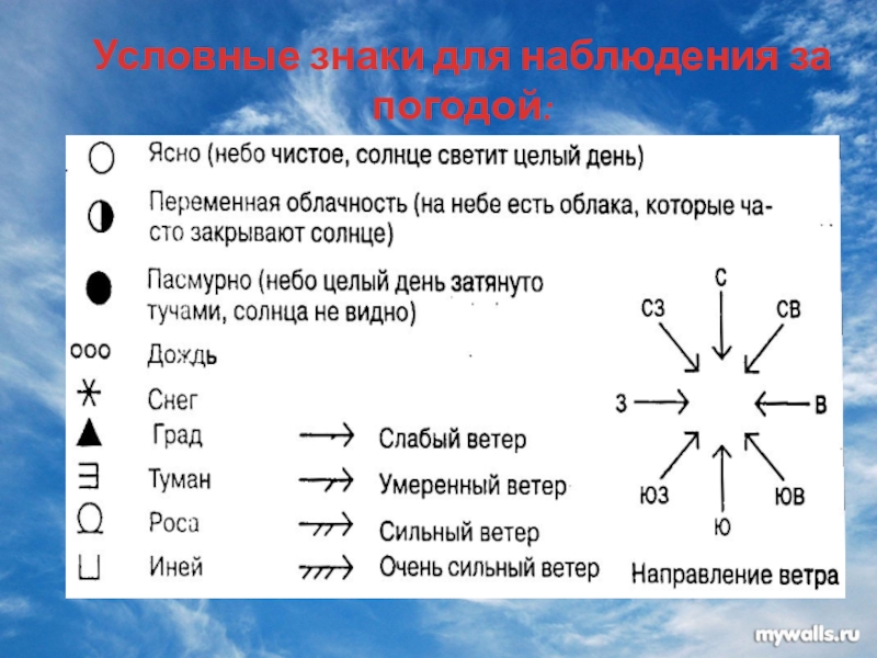 Нарисуй условные обозначения туман снег град