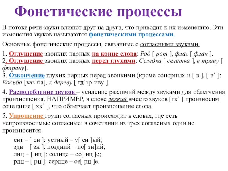 Изм звук. Фонетические процессы. Основные фонетические процессы. Основные фонетические процессы в русском языке. Изменение гласных и согласных звуков в речевом потоке.