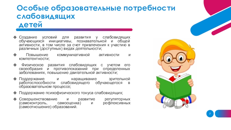 Создание условий для развития. Образовательные потребности слабовидящих детей. Специальные условия для слабовидящих обучающихся. Условия для слабовидящих участников. Инициатива обучающегося.