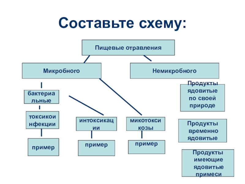 Какие бывают пищевые отравления. Классификация пищевых отравлений схема. Классификация микробных пищевых отравлений. Пищевые токсикоинфекции схема. Составление схемы классификации пищевых отравлений.