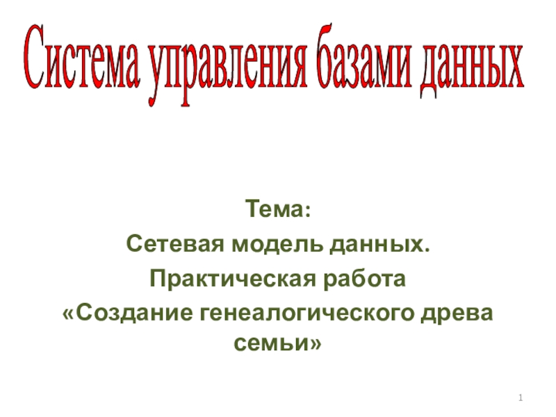 Система управления базами данных
Тема:
Сетевая модель данных.
Практическая