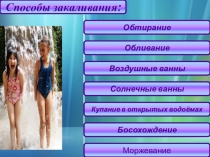 Способы закаливания:
Обтирание
Обливание
Воздушные ванны
Солнечные
