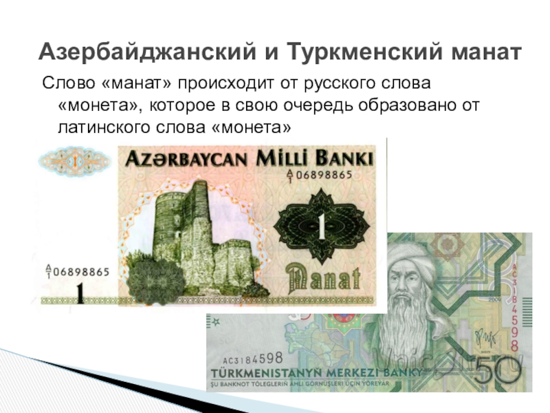 Деньги страны 6. Презентация азербайджанский манат. Туркменский манат обозначение. Происхождение слова манат.