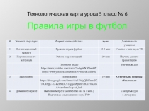 Правила игры в футбол
Технологическая карта урока 5 класс № 6
№
Элемент