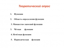 Функция
Область определения функции
3. Множество значений функции
Чётная